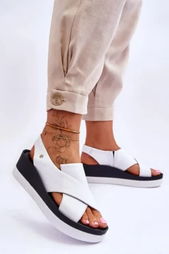 Skórzane Sandały Na Koturnie Białe Morgan