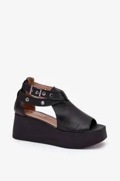 Skórzane Sandały Na Koturnie Zazoo 1732 Czarne