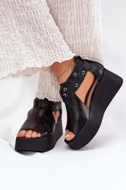 Skórzane Sandały Na Koturnie Zazoo 1732 Czarne