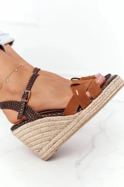 Skórzane Sandały Na Koturnie Big Star HH274377 Brązowe