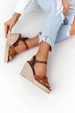 Skórzane Sandały Na Koturnie Big Star HH274377 Brązowe