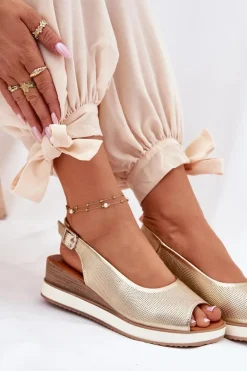 Skórzane Sandały Na Koturnie Artiker 56C2312 Złote