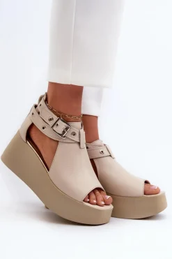 Skórzane Sandały Na Koturnie Beżowe Zazoo 1732