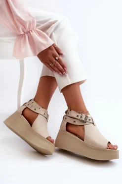 Skórzane Sandały Na Koturnie Beżowe Zazoo 1732