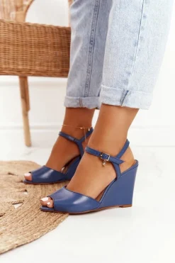 Skórzane Sandały Na Koturnie Laura Messi 2253 Granatowe