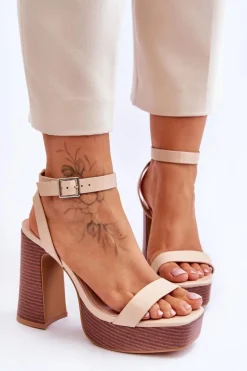 Skórzane Sandały Na Masywnej Platformie Beżowe Marina