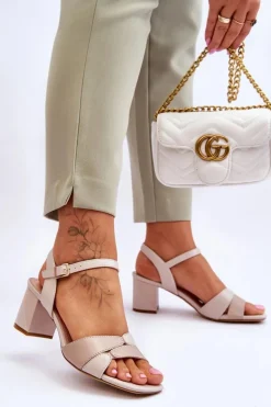 Skórzane Sandały Na Niskim Obcasie Sergio Leone SK898 Beżowe