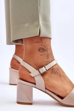 Skórzane Sandały Na Niskim Obcasie Sergio Leone SK898 Beżowe