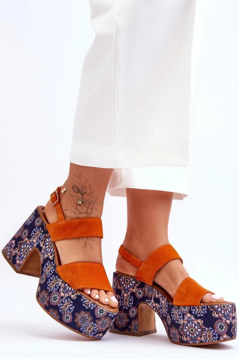 Skórzane Sandały Na Obcasie Maciejka 06089-18 Pomarańczowe
