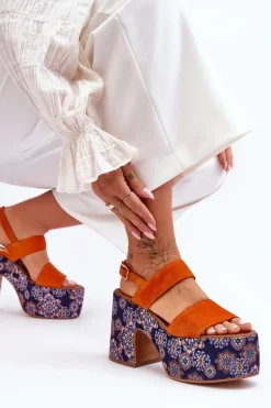 Skórzane Sandały Na Obcasie Maciejka 06089-18 Pomarańczowe
