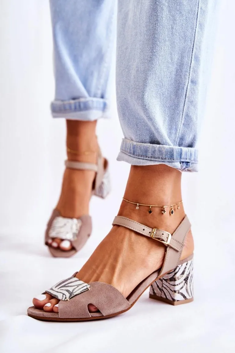 Skórzane Sandały Na Obcasie Maciejka 04120-10 Beżowe