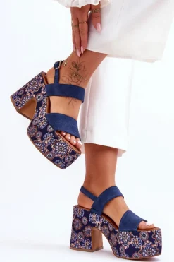 Skórzane Sandały Na Obcasie Maciejka 06089-17 Granatowe