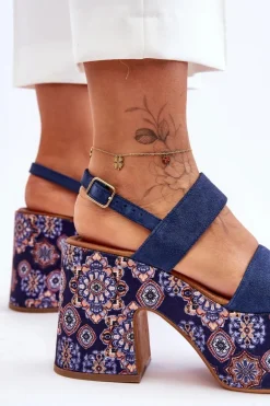 Skórzane Sandały Na Obcasie Maciejka 06089-17 Granatowe