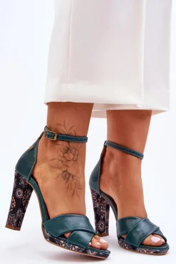 Skórzane Sandały Na Obcasie Maciejka 06081-09 Ciemnozielone