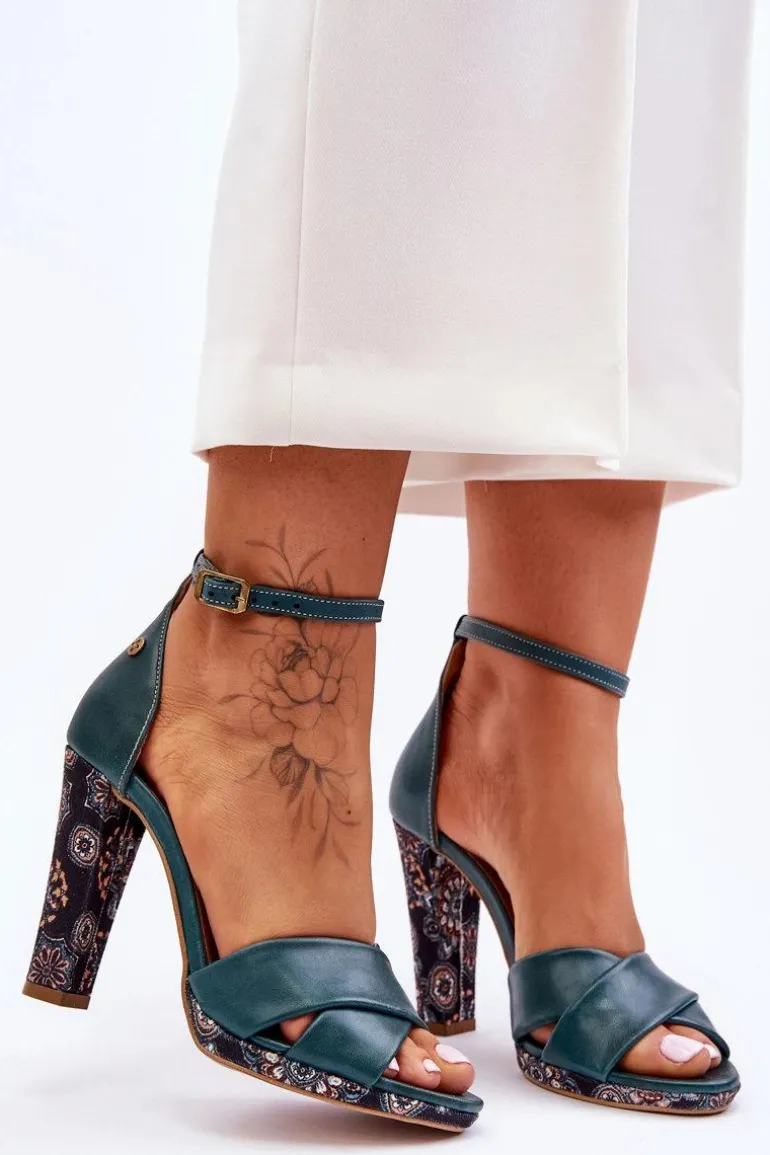 Skórzane Sandały Na Obcasie Maciejka 06081-09 Ciemnozielone