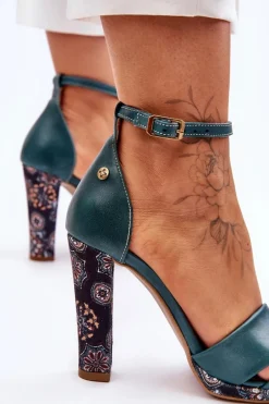 Skórzane Sandały Na Obcasie Maciejka 06081-09 Ciemnozielone