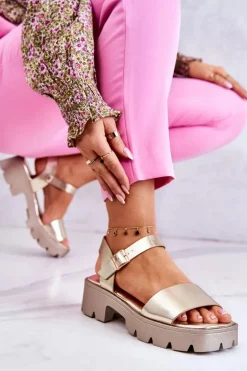 Skórzane Sandały Na Obcasie Złote Sovie