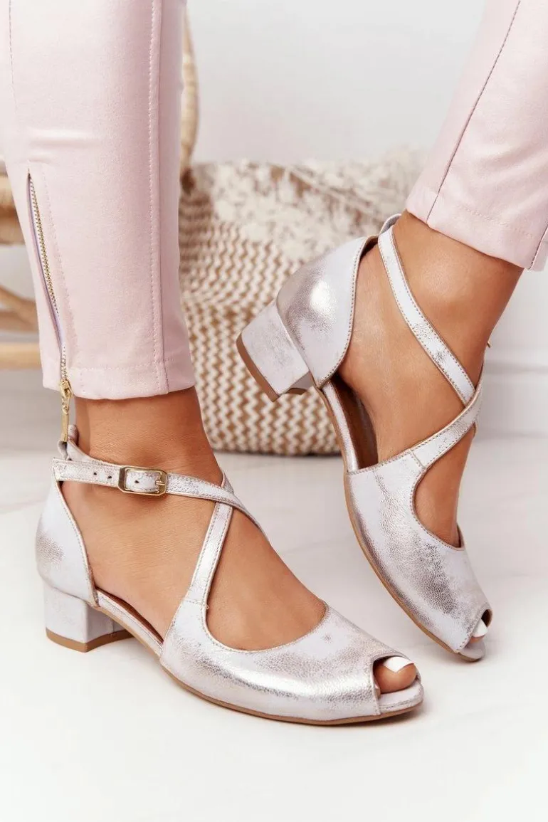 Skórzane Sandały Na Obcasie Maciejka 04509-45 Beżowo-Złote