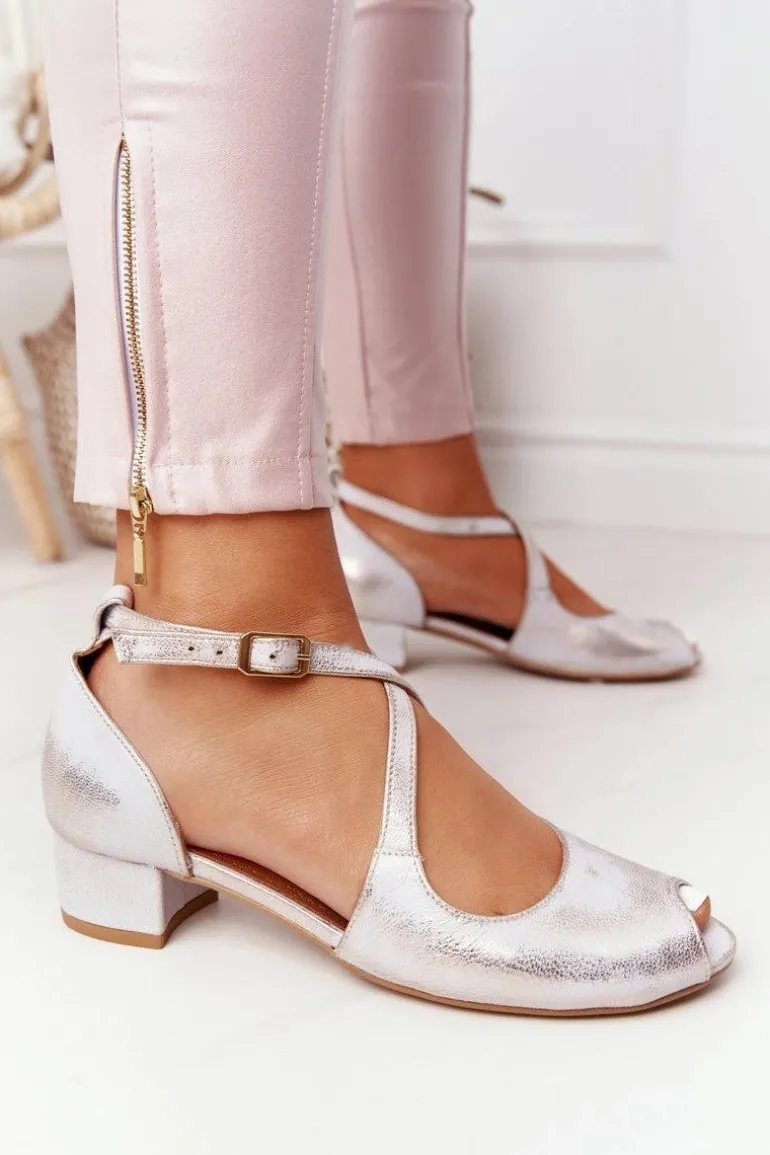 Skórzane Sandały Na Obcasie Maciejka 04509-45 Beżowo-Złote