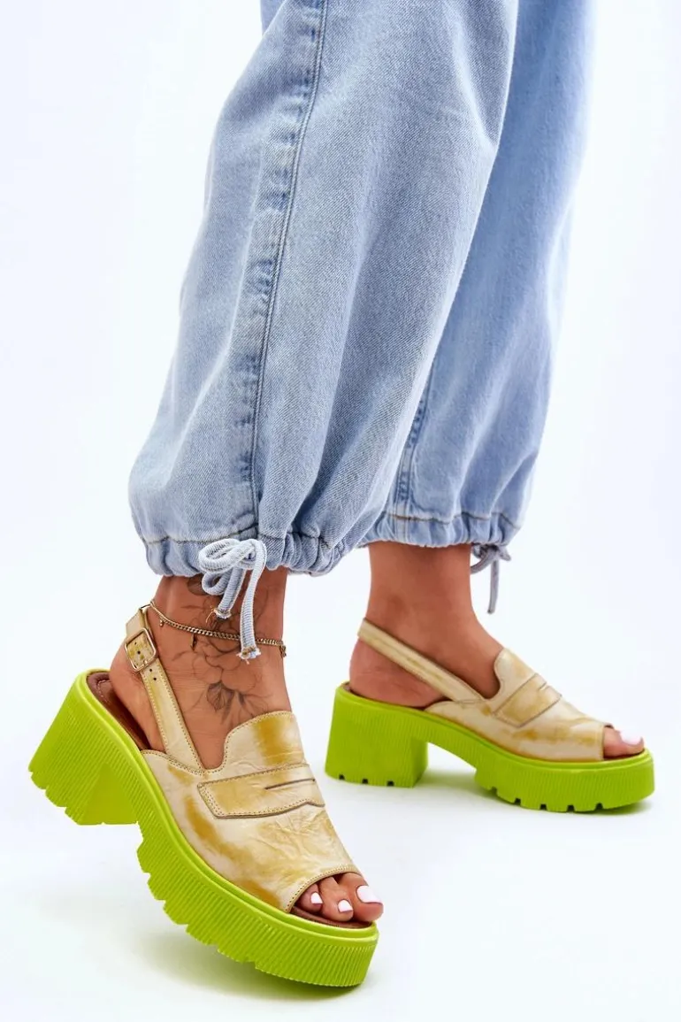 Skórzane Sandały Na Obcasie I Platformie Maciejka 06039-07 Żółte