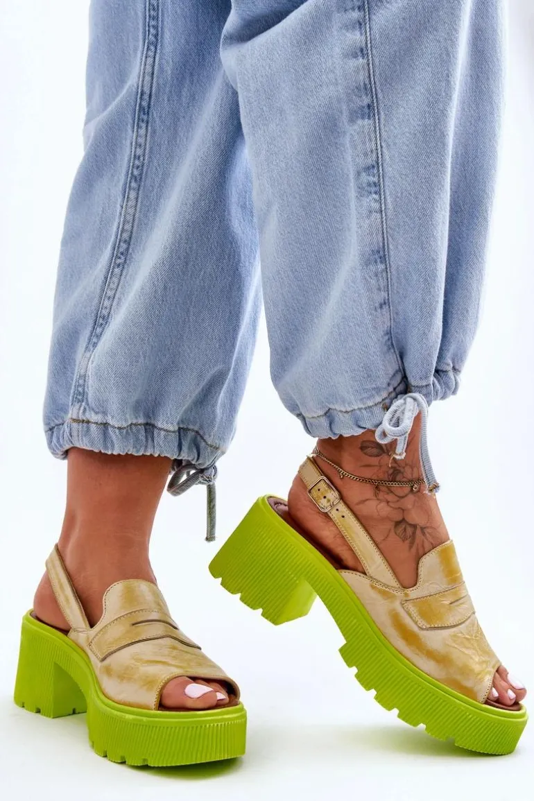 Skórzane Sandały Na Obcasie I Platformie Maciejka 06039-07 Żółte