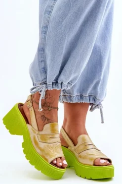 Skórzane Sandały Na Obcasie I Platformie Maciejka 06039-07 Żółte