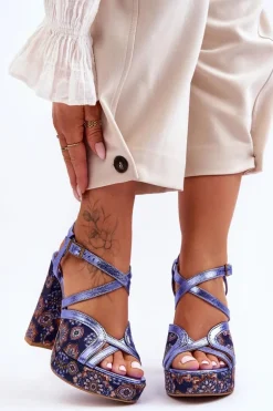 Skórzane Sandały Na Obcasie Maciejka 06084-17 Granatowe