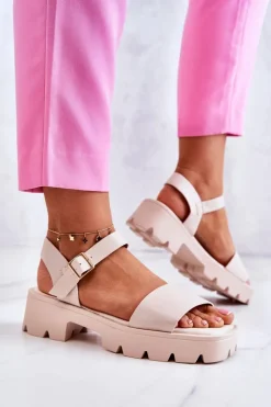 Skórzane Sandały Na Obcasie Beżowe Sovie