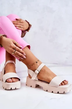 Skórzane Sandały Na Obcasie Beżowe Sovie