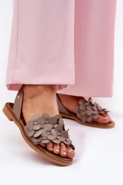 Skórzane Sandały Na Płaskim Obcasie Zazoo 40425 Ciemnobeżowe