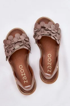 Skórzane Sandały Na Płaskim Obcasie Zazoo 40425 Ciemnobeżowe