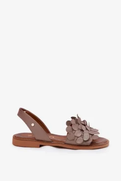 Skórzane Sandały Na Płaskim Obcasie Zazoo 40425 Ciemnobeżowe