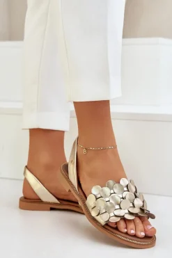 Skórzane Sandały Na Płaskim Obcasie Zazoo 40425 Złote