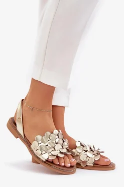 Skórzane Sandały Na Płaskim Obcasie Zazoo 40425 Złote