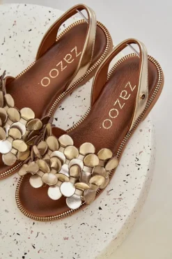 Skórzane Sandały Na Płaskim Obcasie Zazoo 40425 Złote