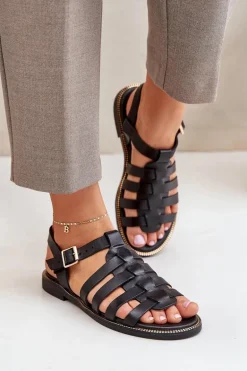 Skórzane Sandały Na Płaskim Obcasie Zazoo 3686 Czarne