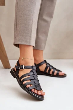 Skórzane Sandały Na Płaskim Obcasie Zazoo 3686 Czarne