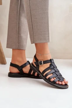 Skórzane Sandały Na Płaskim Obcasie Zazoo 3686 Czarne