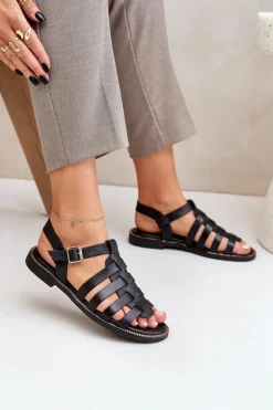 Skórzane Sandały Na Płaskim Obcasie Zazoo 3686 Czarne