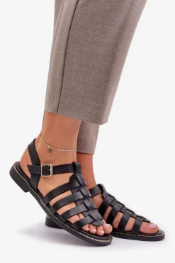 Skórzane Sandały Na Płaskim Obcasie Zazoo 3686 Czarne