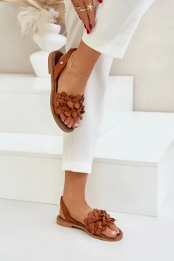 Skórzane Sandały Na Płaskim Obcasie Zazoo 40425 Brązowe