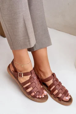 Skórzane Sandały Na Płaskim Obcasie Zazoo 3686 Brązowe