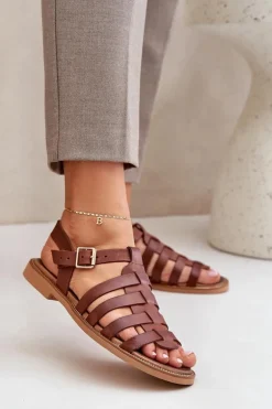 Skórzane Sandały Na Płaskim Obcasie Zazoo 3686 Brązowe