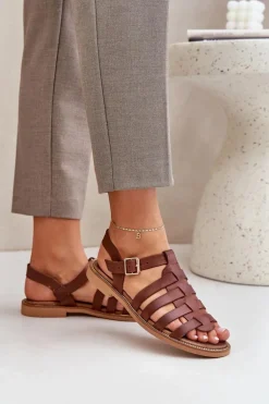 Skórzane Sandały Na Płaskim Obcasie Zazoo 3686 Brązowe