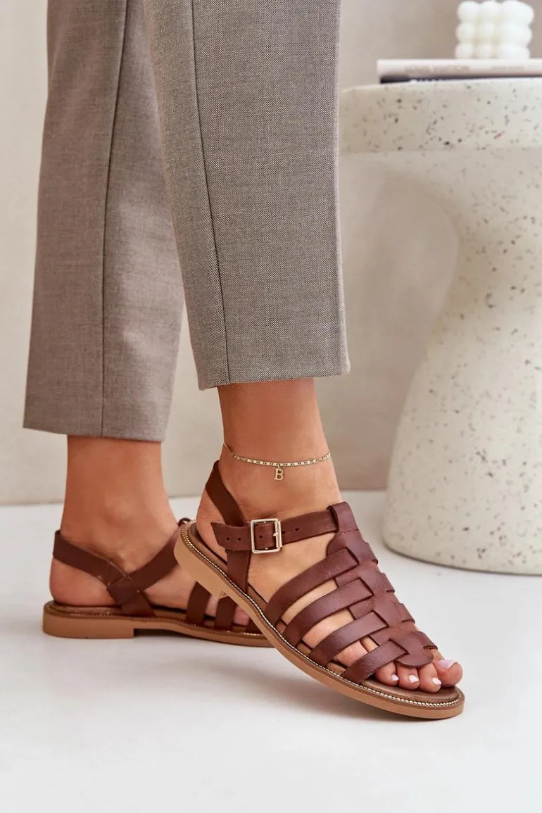 Skórzane Sandały Na Płaskim Obcasie Zazoo 3686 Brązowe