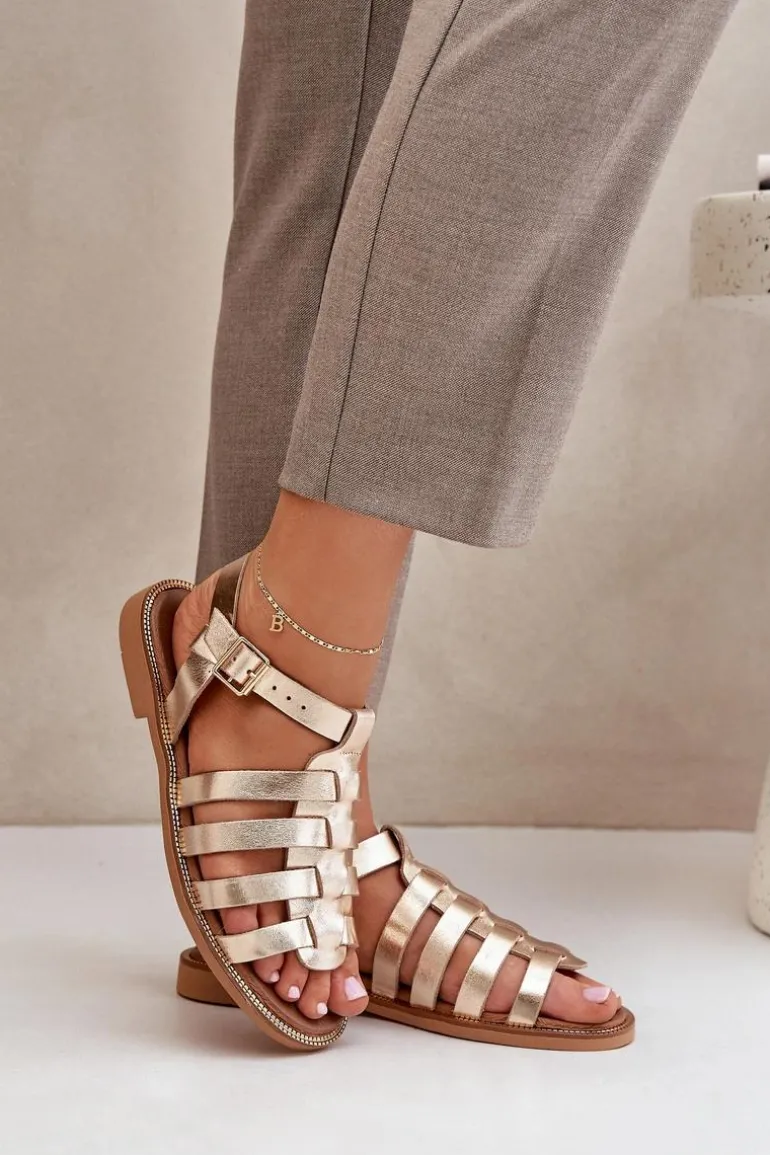 Skórzane Sandały Na Płaskim Obcasie Zazoo 3686 Złote