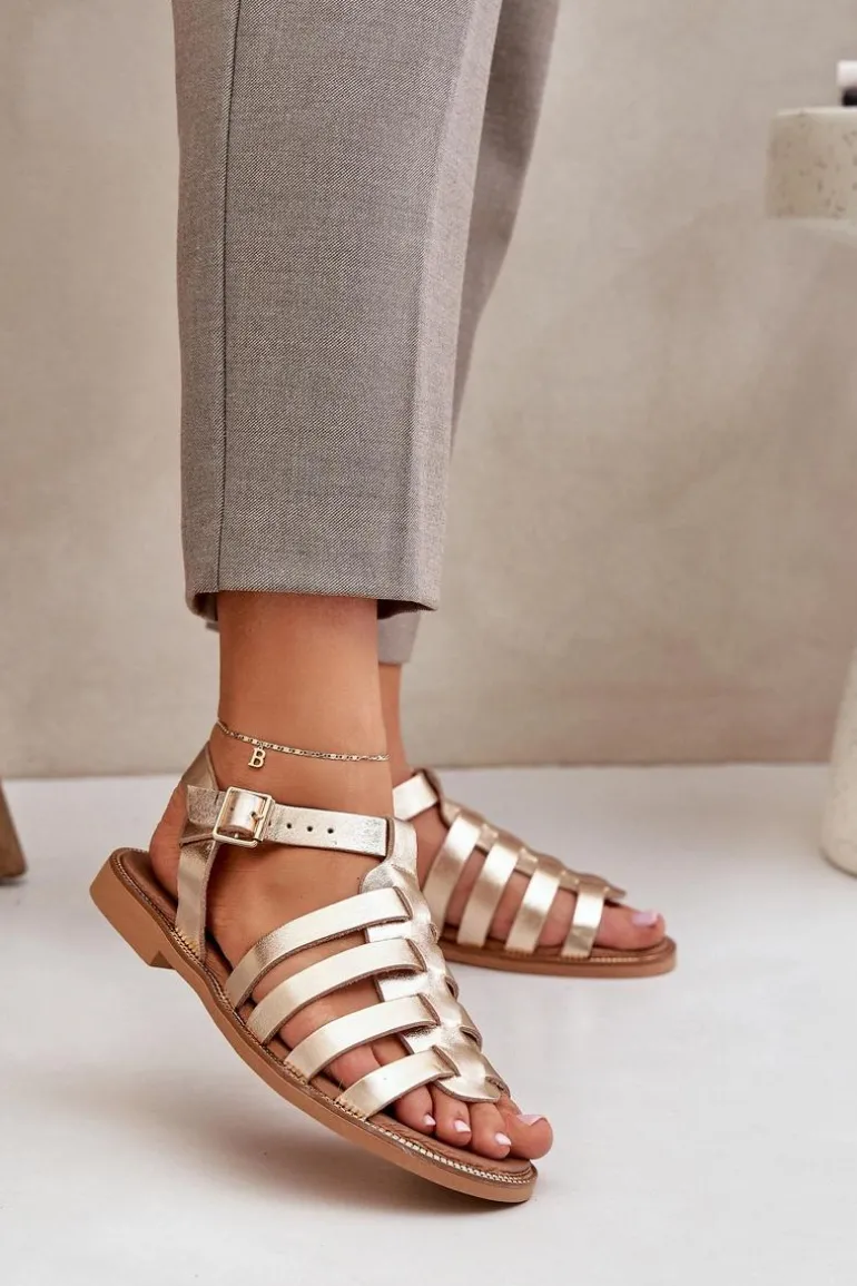 Skórzane Sandały Na Płaskim Obcasie Zazoo 3686 Złote