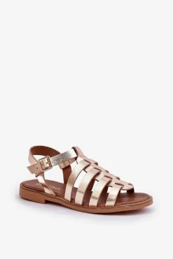 Skórzane Sandały Na Płaskim Obcasie Zazoo 3686 Złote