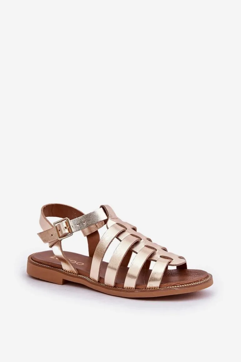 Skórzane Sandały Na Płaskim Obcasie Zazoo 3686 Złote