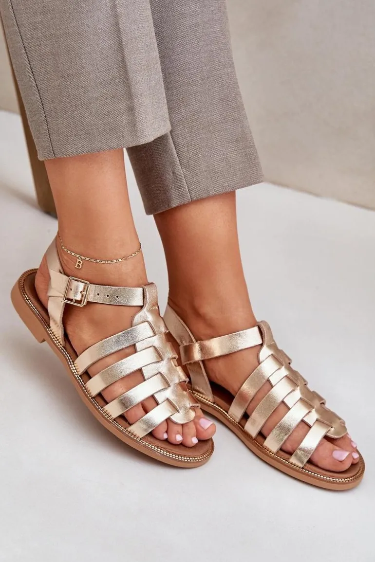 Skórzane Sandały Na Płaskim Obcasie Zazoo 3686 Złote